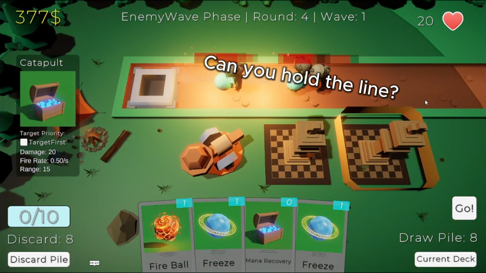Enemy Wave Phase — Fire Ball, Freeze & Catapult turrets in action