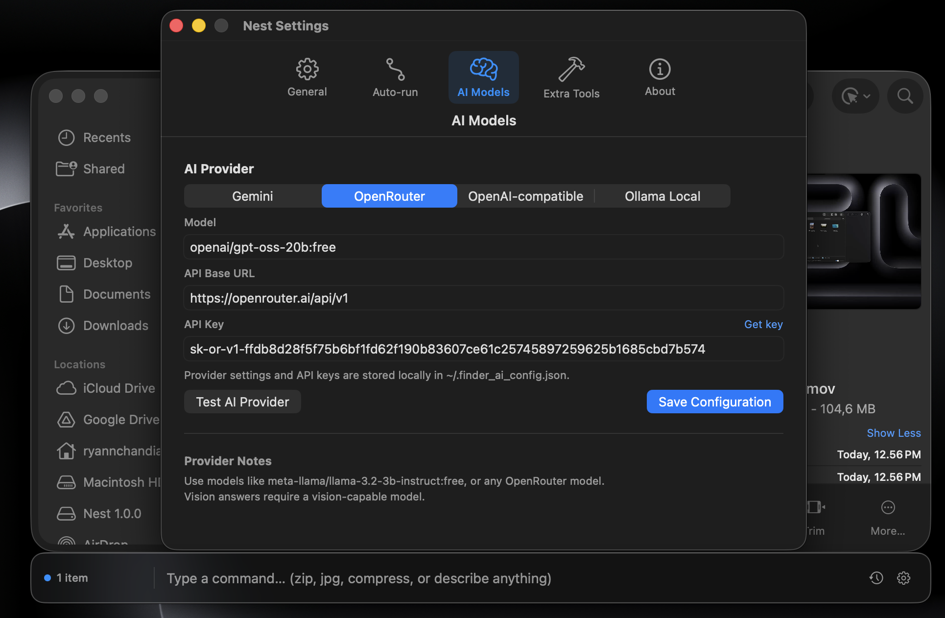 Nest AI provider and settings interface