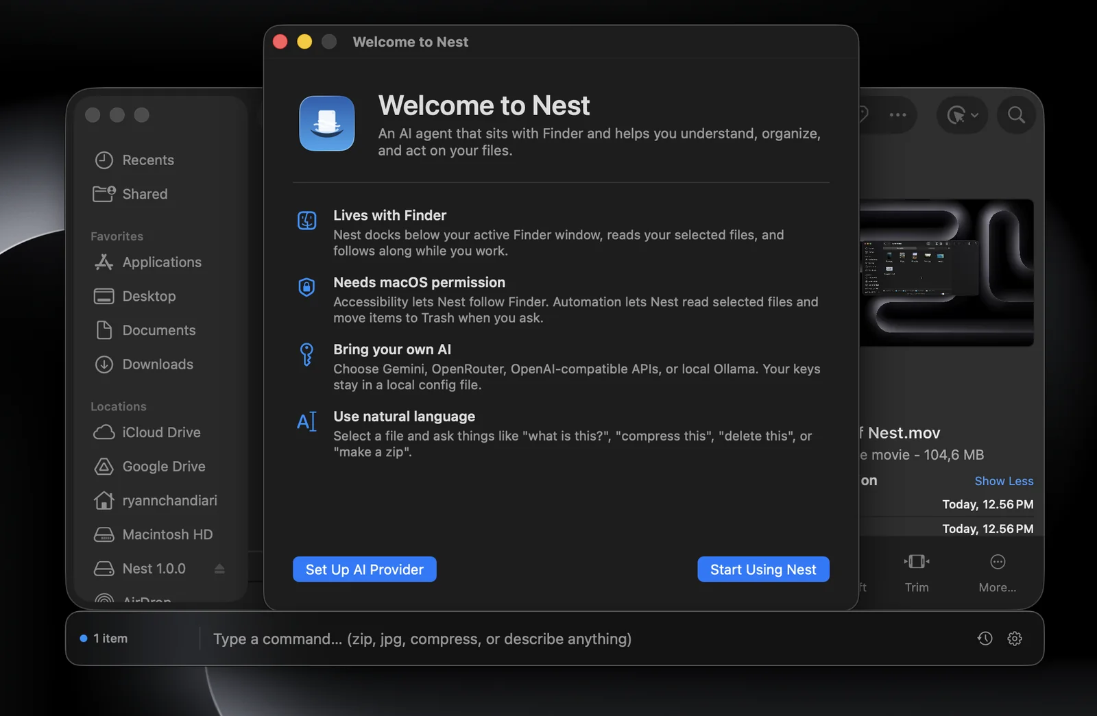 Nest's welcome screen explaining its Finder-native AI companion
